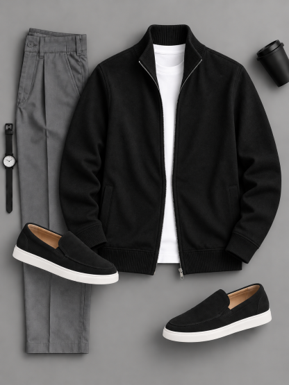 Men's Casual Solid Zip Up Stand Collar Jacket & Chino Pants 2‑Piece Matching Outfit Set, Multiple Colors Available