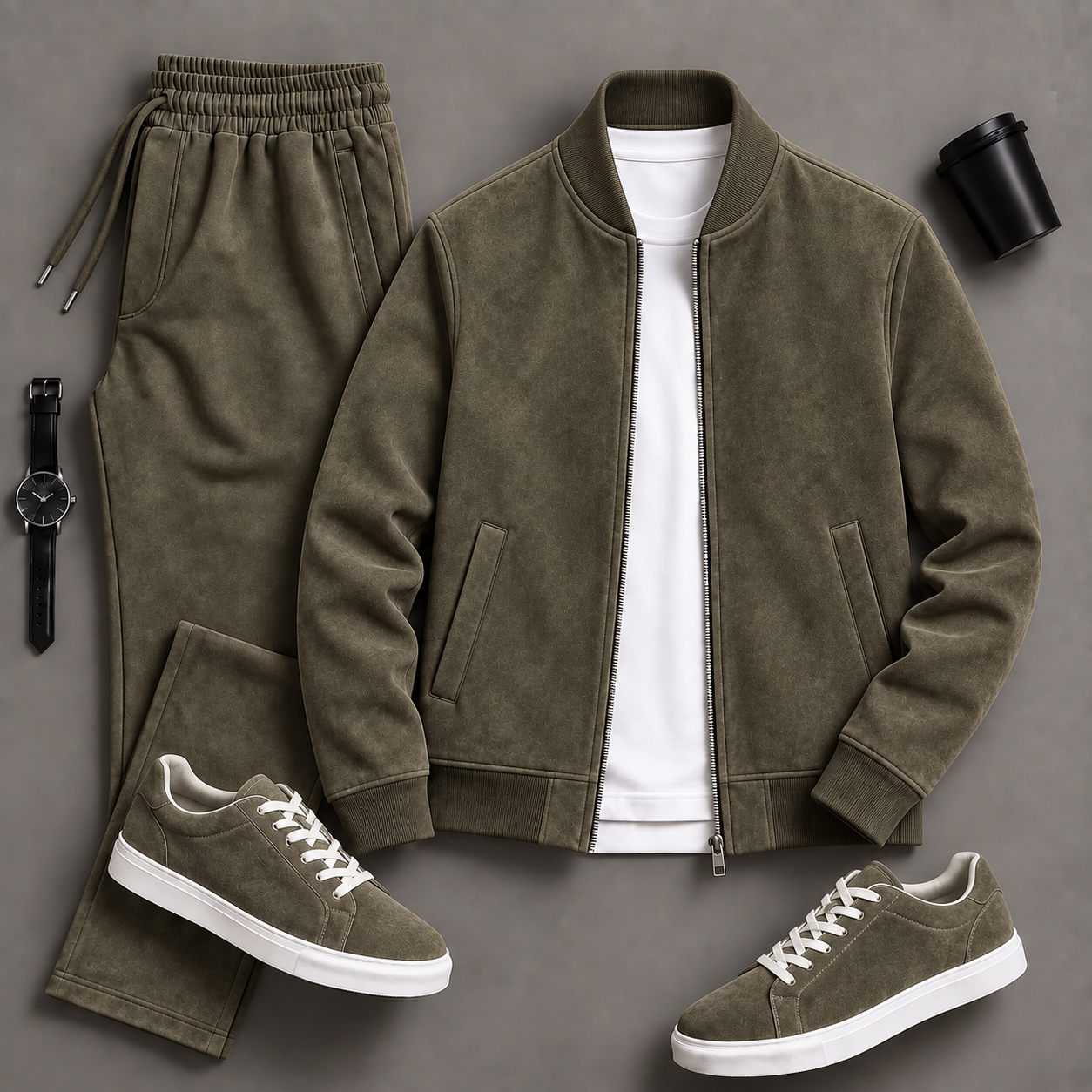 Men's Casual Solid Bomber Jacket & Drawstring Pants 2-Piece Matching Outfit Set, Multiple Colors Available