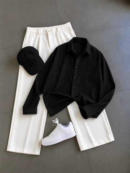 Men's Casual Striped Long Sleeve Shirt & Chino Pants 2‑Piece Matching Outfit Set, Multiple Colors Available
