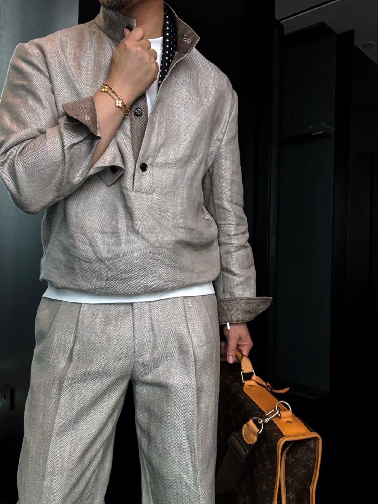 Premium Linen Mandarin Collar Suit-Sky Blue