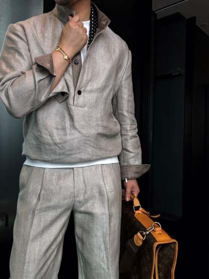 Premium Linen Mandarin Collar Suit-Sky Blue