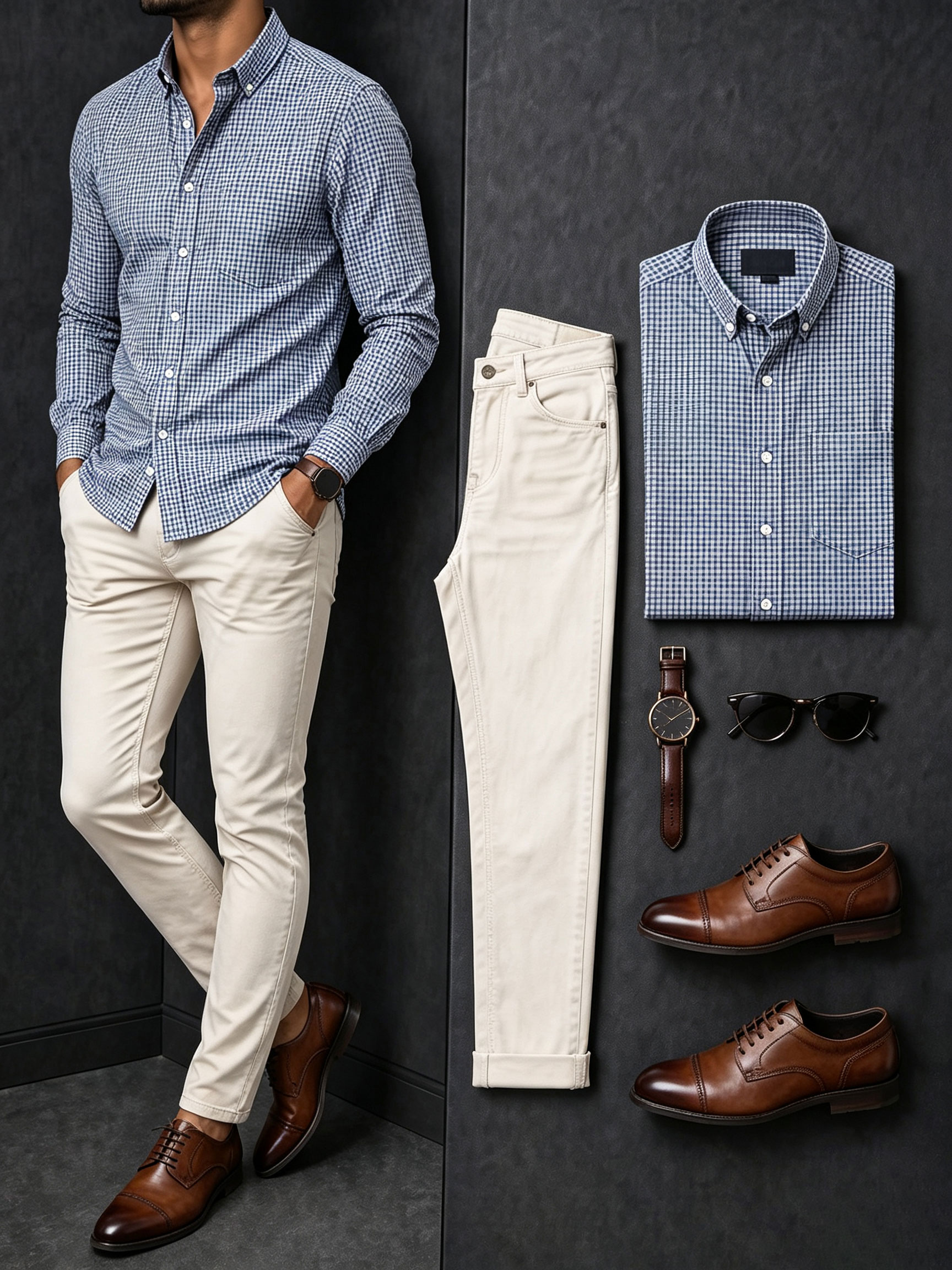 Men's Casual Blue Plaid Printed Long Sleeves Shirt & Beige Jeans Pants Two Piece Set
