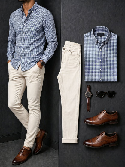 Men's Casual Blue Plaid Printed Long Sleeves Shirt & Beige Jeans Pants Two Piece Set