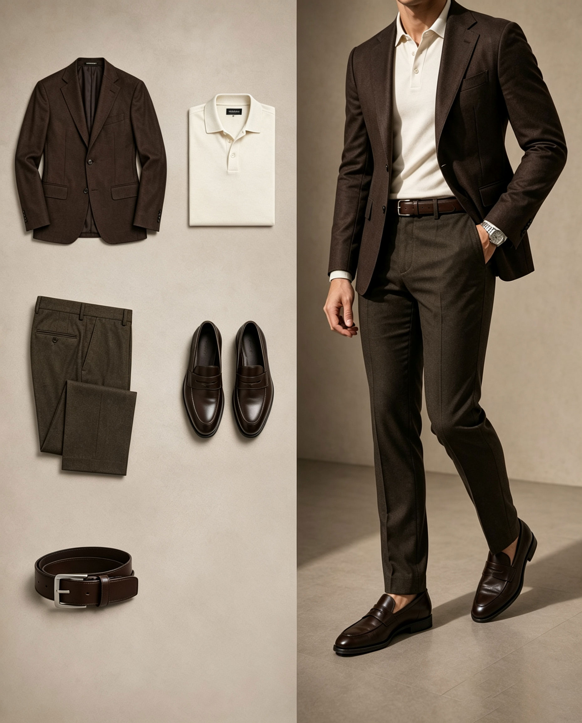Men's Business Casual Apricot Dark Brown Color Matching Retro Style Short Sleeves Polo Shirt & Pants & Blazer 3pcs Set