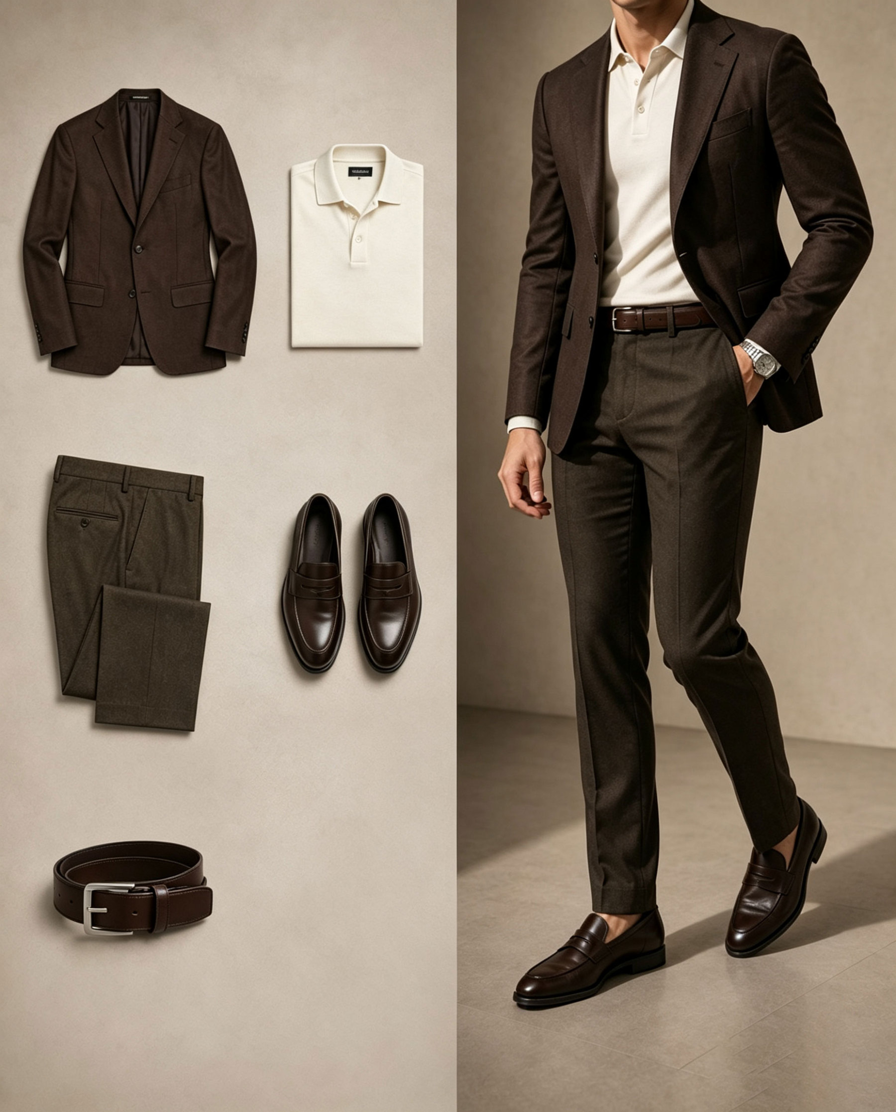 Men's Business Casual Apricot Dark Brown Color Matching Retro Style Short Sleeves Polo Shirt & Pants & Blazer 3pcs Set