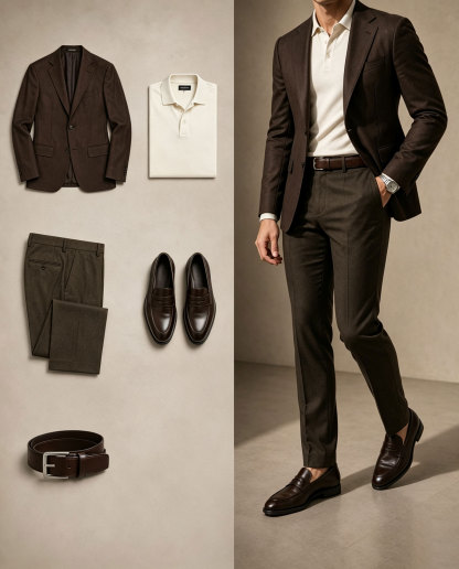 Men's Business Casual Apricot Dark Brown Color Matching Retro Style Short Sleeves Polo Shirt & Pants & Blazer 3pcs Set