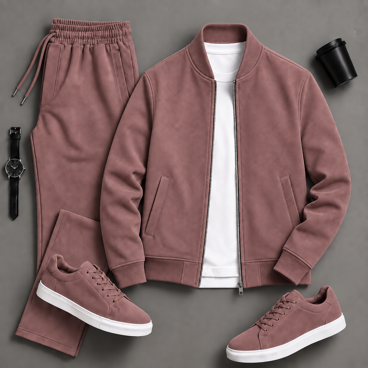 Men's Casual Solid Bomber Jacket & Drawstring Pants 2-Piece Matching Outfit Set, Multiple Colors Available