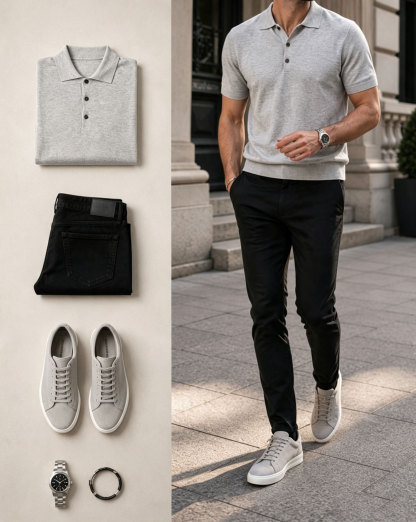Men's Gray Short Sleeves Polo Shirt & Black Jeans Pants Two-Piece Set