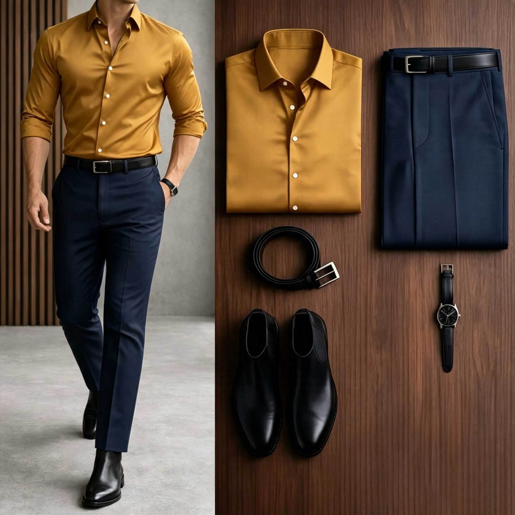 Men's Casual Black Long Sleeve Shirt & Khaki Chino Pants Two-Piece Set