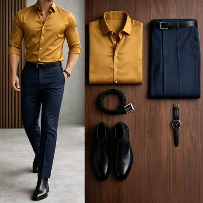 Men's Casual Black Long Sleeve Shirt & Khaki Chino Pants Two-Piece Set