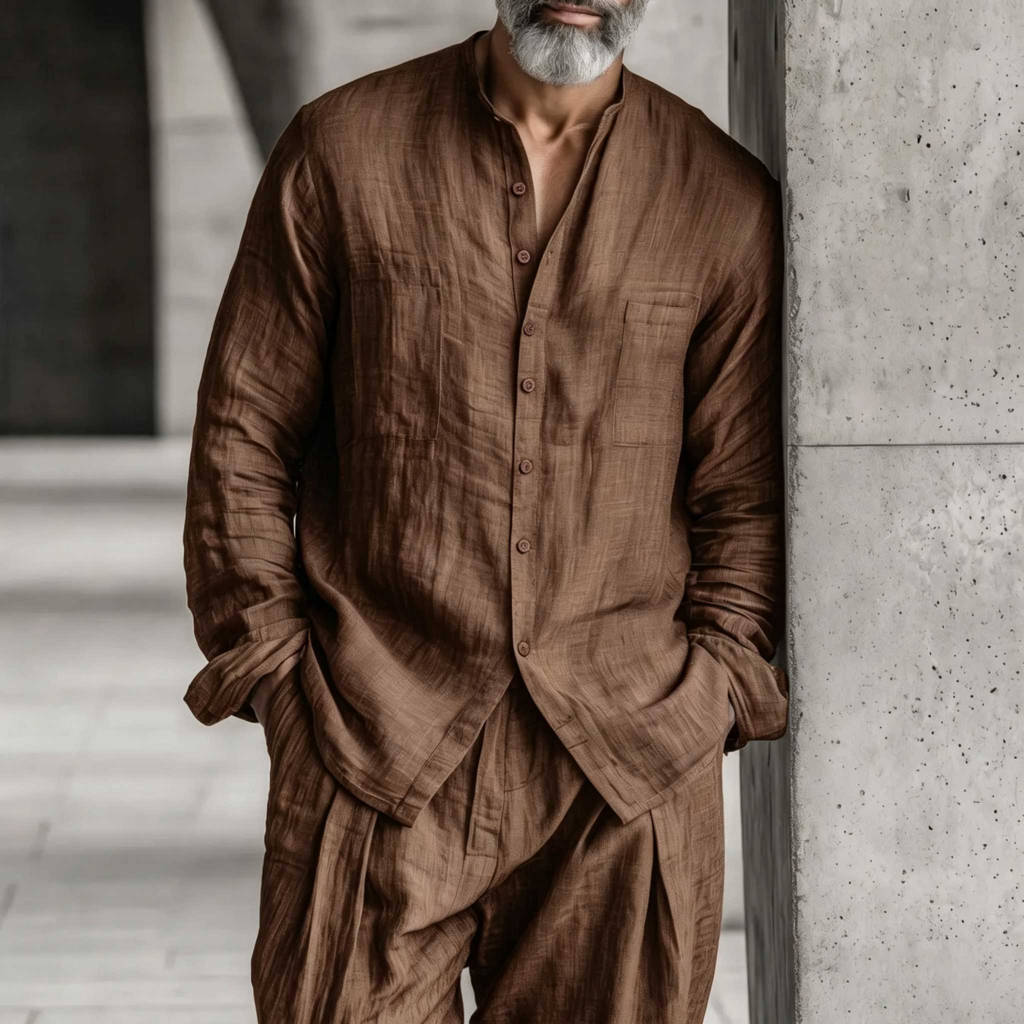 Men's Cotton Linen Long Sleeved Trousers And Shirt Set