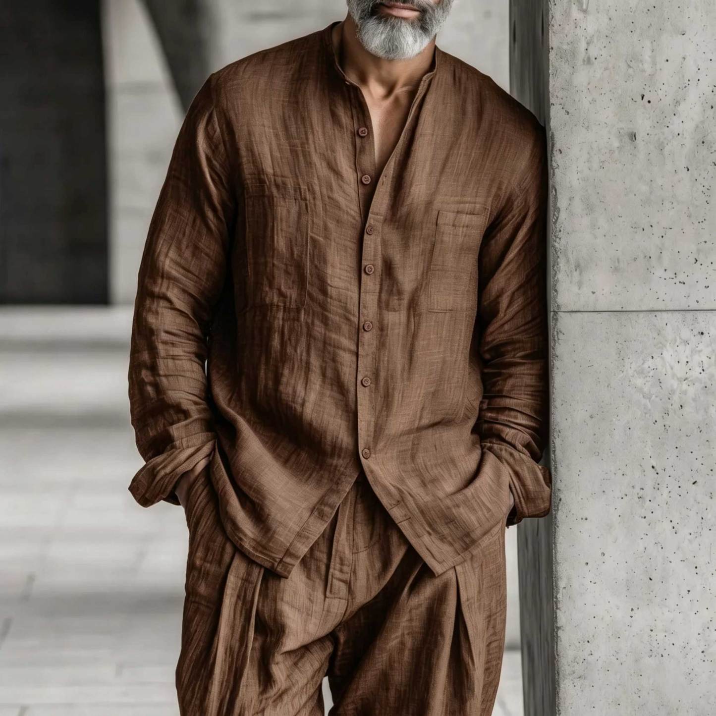 Men's Cotton Linen Long Sleeved Trousers And Shirt Set