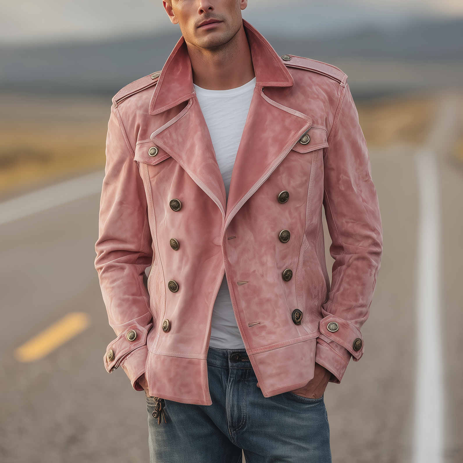 Men's Classic Retro Western Style Lapel Suede Epaulette Double-breasted Jacket