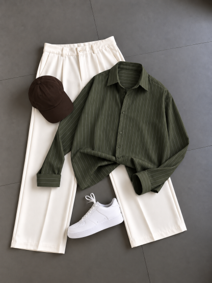 Men's Casual Striped Long Sleeve Shirt & Chino Pants 2‑Piece Matching Outfit Set, Multiple Colors Available