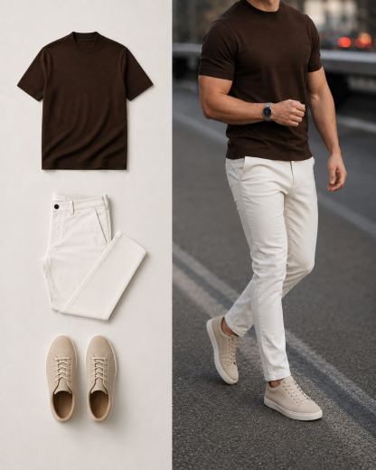 Men's Casual Color Matching Coffee Short Sleeves T-Shirt & Beige Trousers Two Piece Set