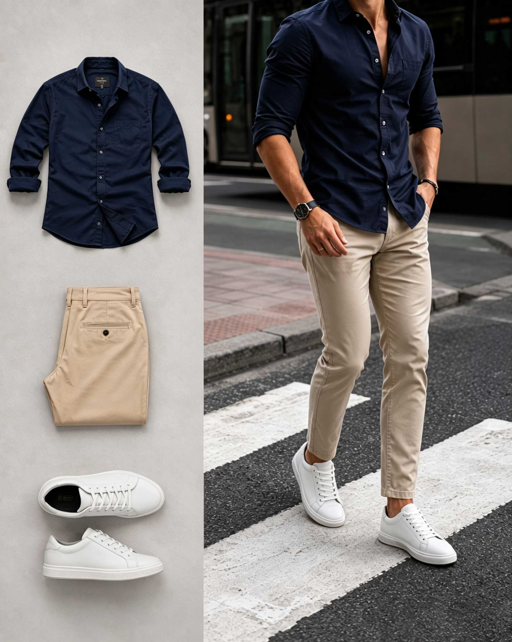 Men's Casual Navy Blue Long Sleeve Shirt & Khaki Pants Two-Piece Set