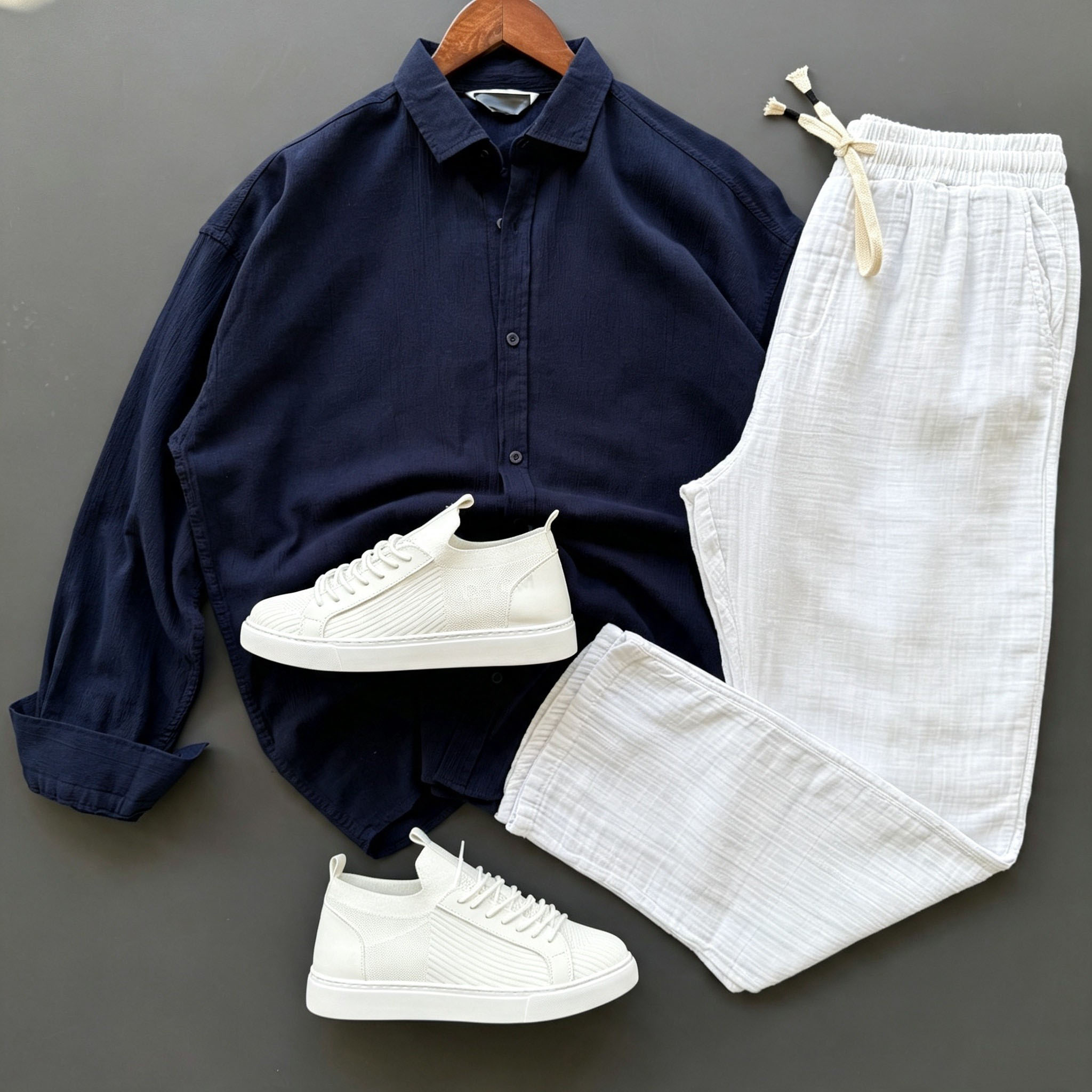 Men's Casual Lightweight Long Sleeved Button Shirt & Straight Trousers Two‑Piece Set