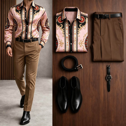 Men's Pink Printed Long Sleeves Shirt & Brown Chinos Pants Two-Piece Set