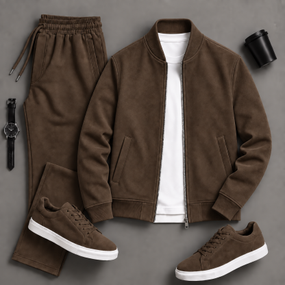 Men's Casual Solid Bomber Jacket & Drawstring Pants 2-Piece Matching Outfit Set, Multiple Colors Available