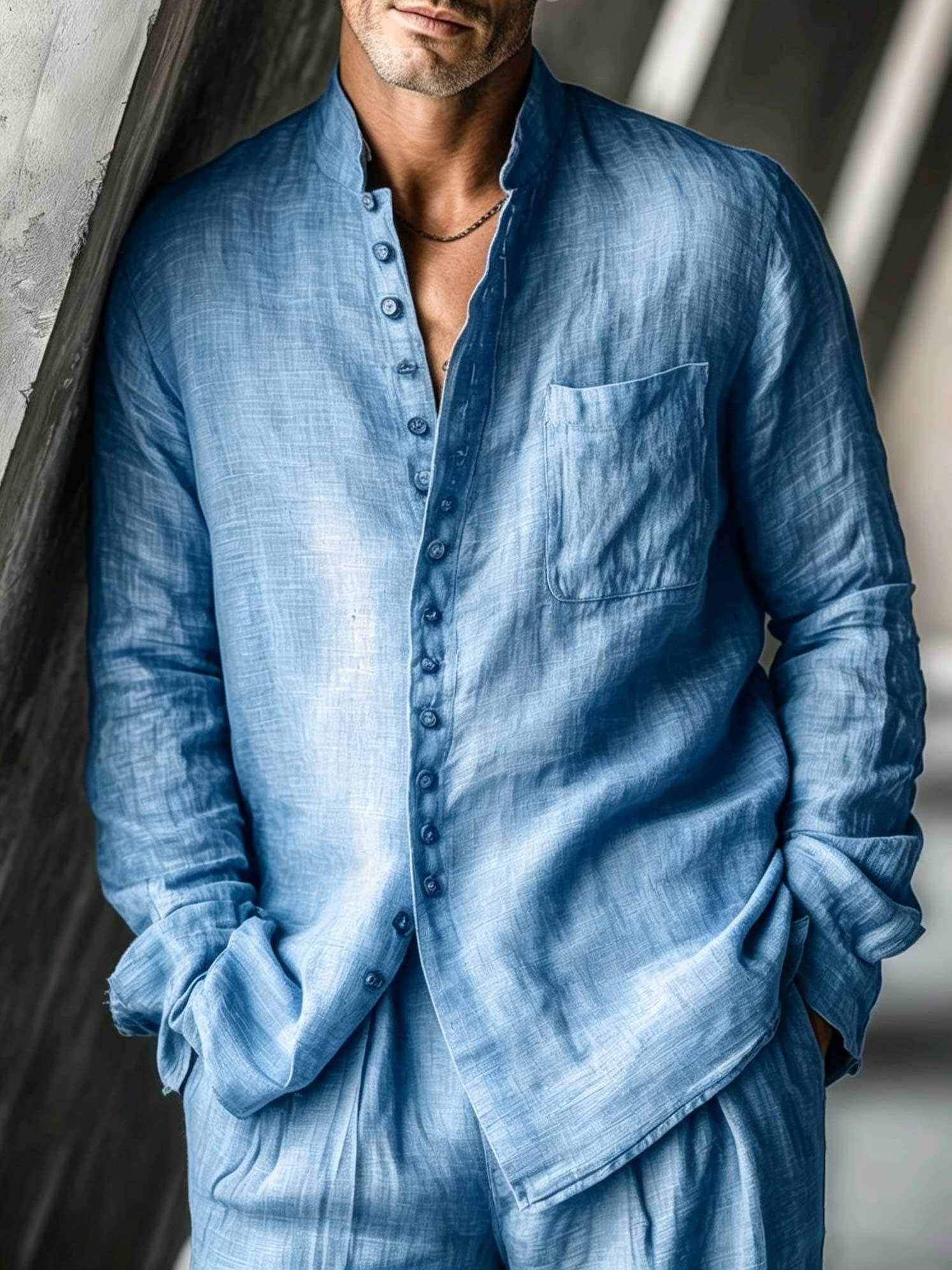 Men's Cotton Linen Long Sleeved Shirt And Trousers Set