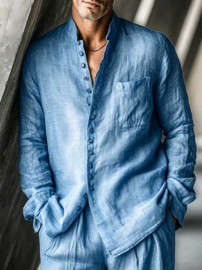 Men's Cotton Linen Long Sleeved Shirt And Trousers Set