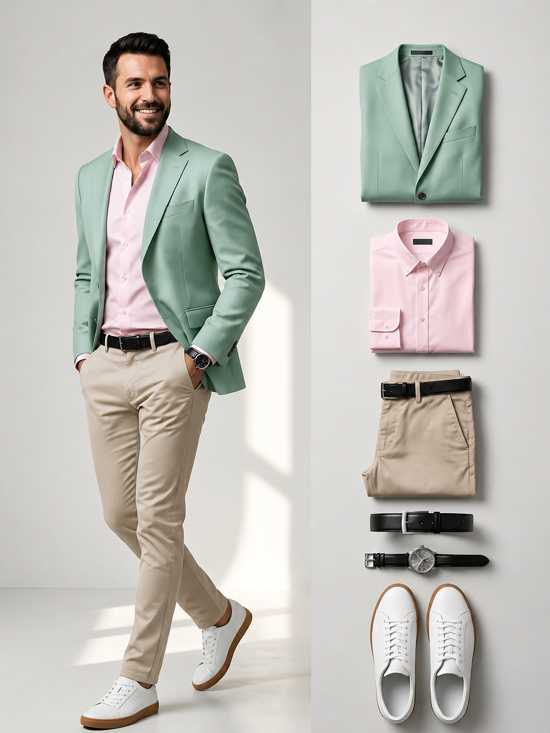 Men's Mint‑Green Single‑Breasted Blazer & Khaki Chino Pants 2‑Piece Matching Outfit Set