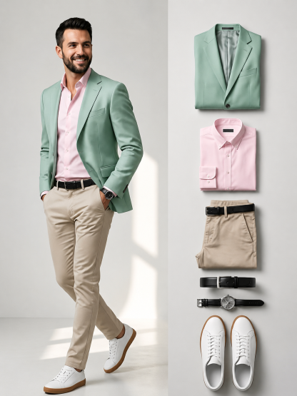 Men's Mint‑Green Single‑Breasted Blazer & Khaki Chino Pants 2‑Piece Matching Outfit Set