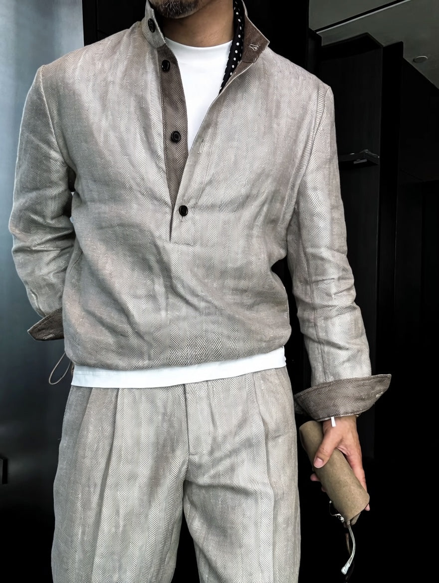 Premium Linen Mandarin Collar Suit-Sky Blue