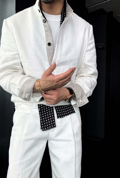 Premium Linen Mandarin Collar Suit-Sky Blue