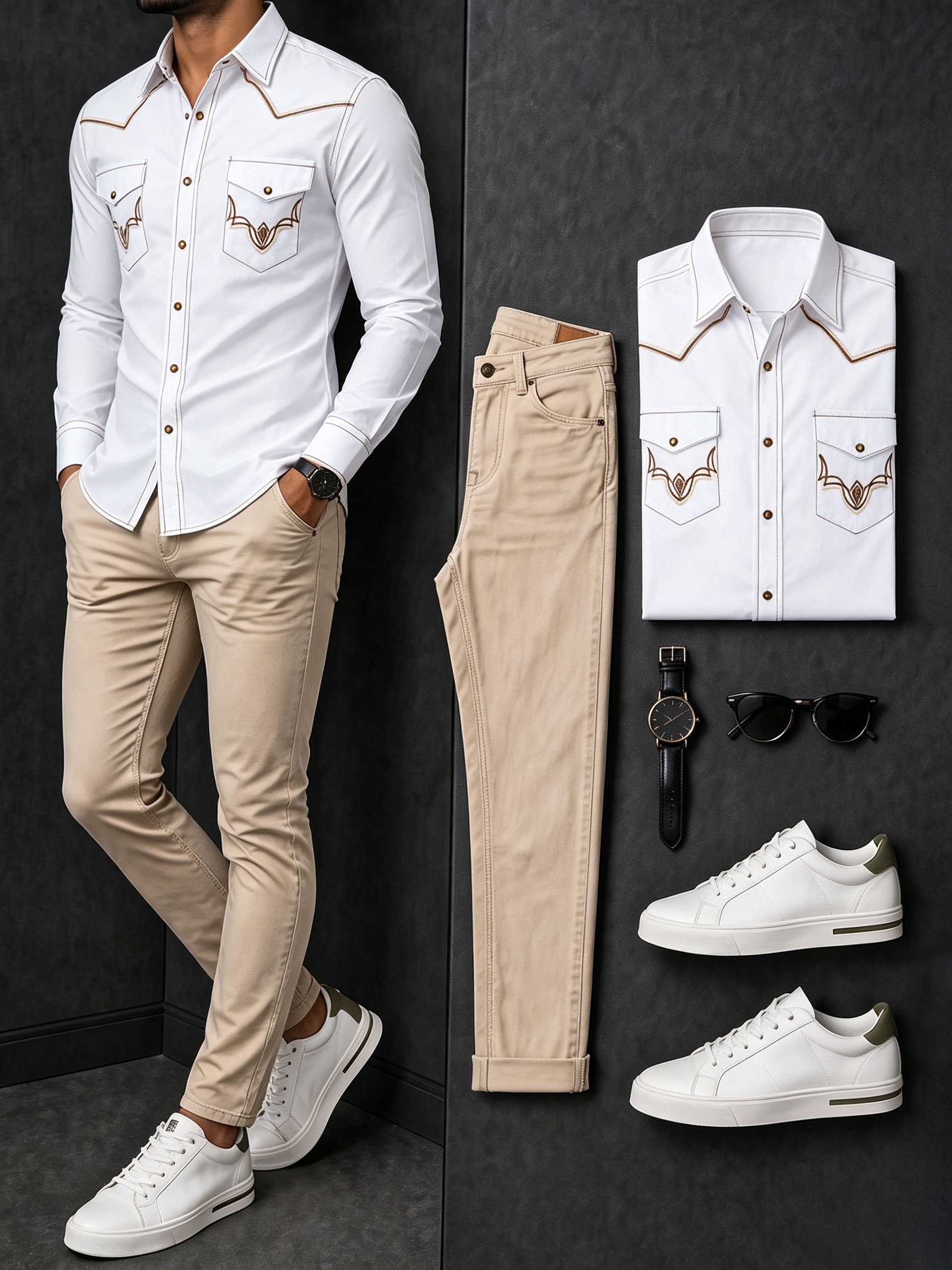 Men's Casual White Retro Style Printed Long Sleeves Shirt & Khaki Jeans Pants Two Piece Set