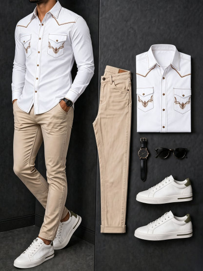 Men's Casual White Retro Style Printed Long Sleeves Shirt & Khaki Jeans Pants Two Piece Set
