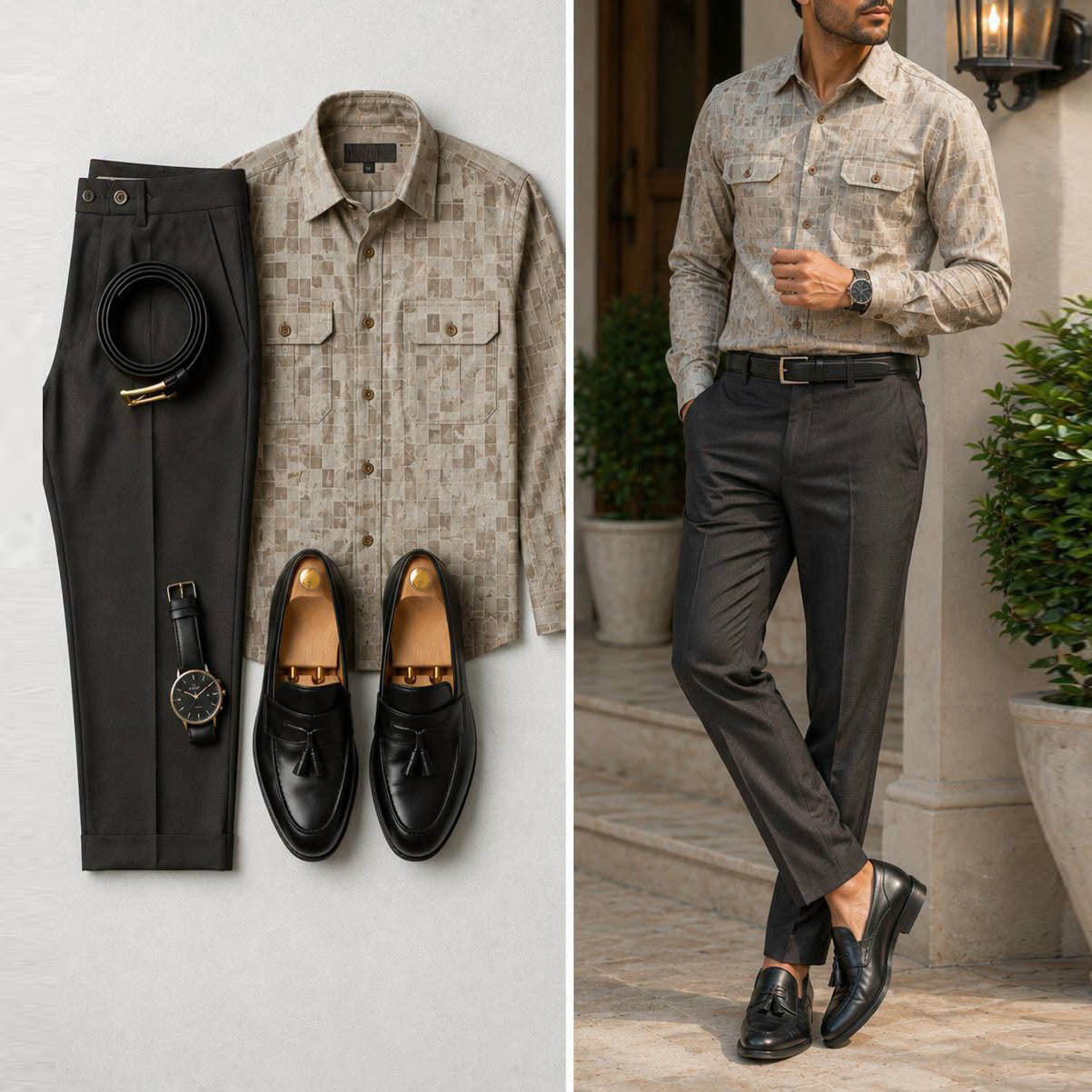 Men's Casual Color Matching Satin Printed Long Sleeves Shirt & Trousers Two Piece Set