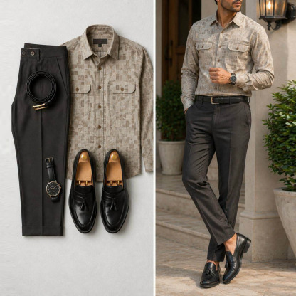 Men's Casual Mosaic Grid Printed Long Sleeve Shirt & Black Chino Pants Two-Piece Set