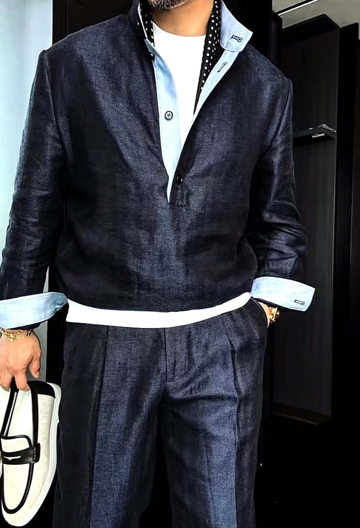 Premium Linen Mandarin Collar Suit-Sky Blue