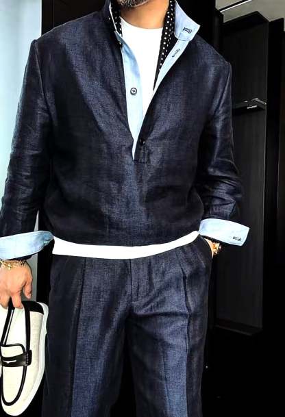 Premium Linen Mandarin Collar Suit-Sky Blue