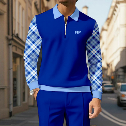 Men's Casual Royal Color Matching Checked Printed Polo-Collar Zipper Long Sleeved Trousers Two-Piece Set