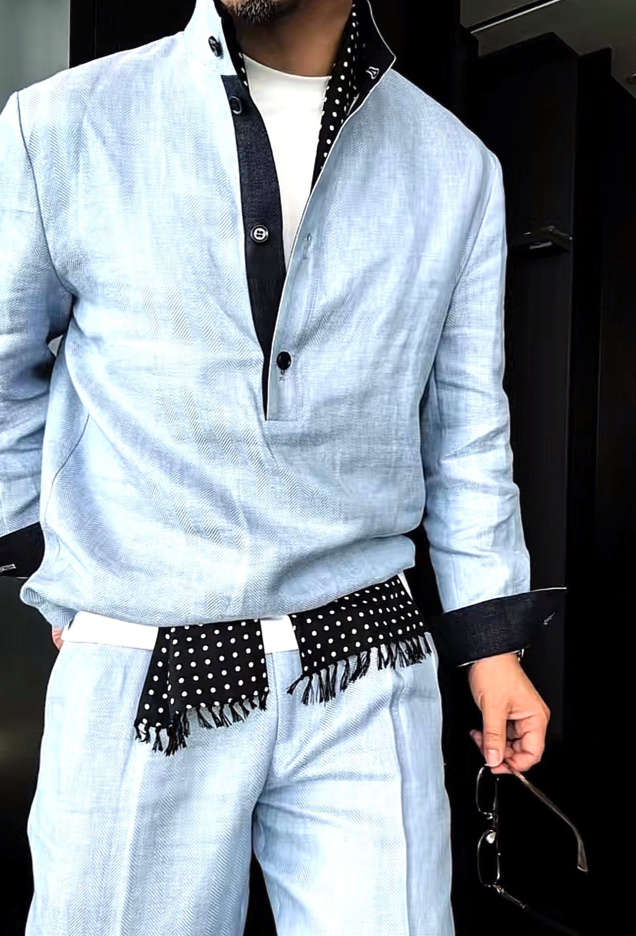 Premium Linen Mandarin Collar Suit-Sky Blue