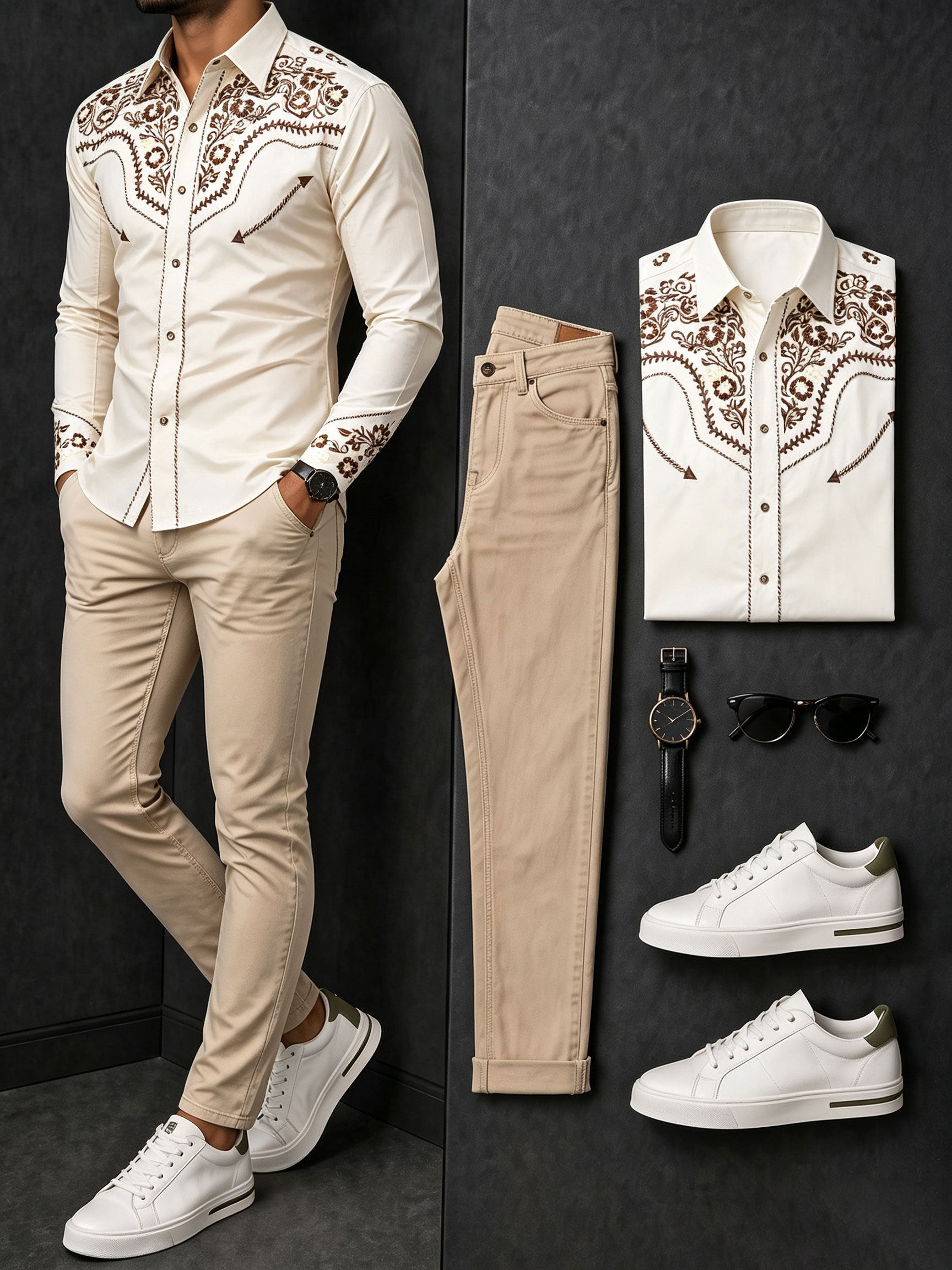Men's Casual Apricot Retro Style Printed Long Sleeves Shirt & Khaki Jeans Pants Two Piece Set