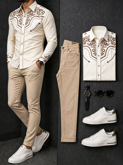 Men's Casual Apricot Retro Style Printed Long Sleeves Shirt & Khaki Jeans Pants Two Piece Set