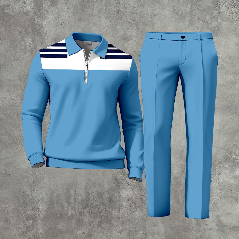 Men's Casual Blue & White Color Matching Geometric Printed Zipper Long