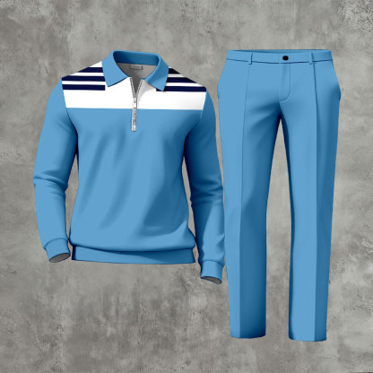 Men's Casual Blue & White Color Matching Geometric Printed Zipper Long Sleeved Polo Shirt & Trousers Two-Piece Set