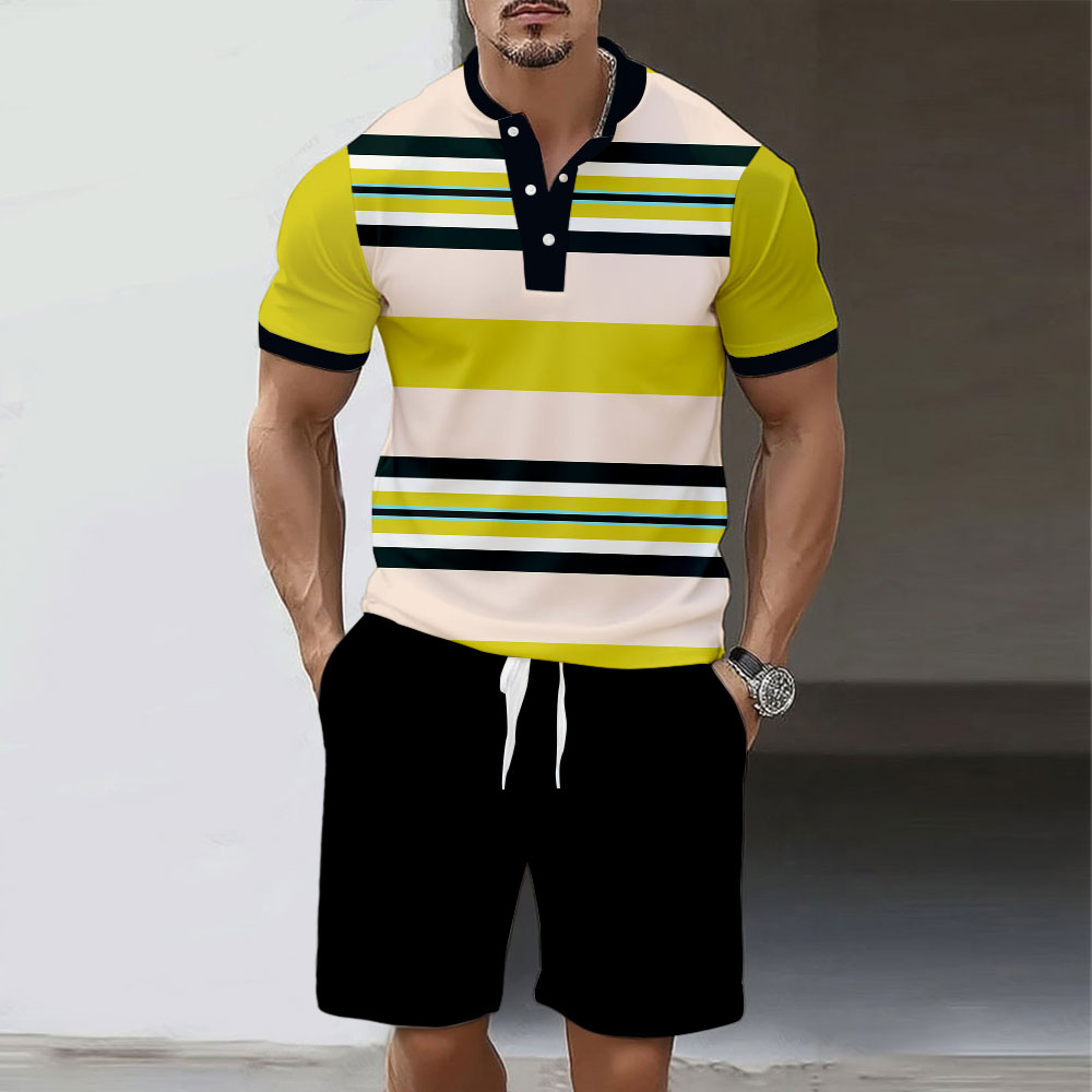 Men's Fashion Polo Round-Neck Geometric Printed Short-Sleeved Two-Piece Set