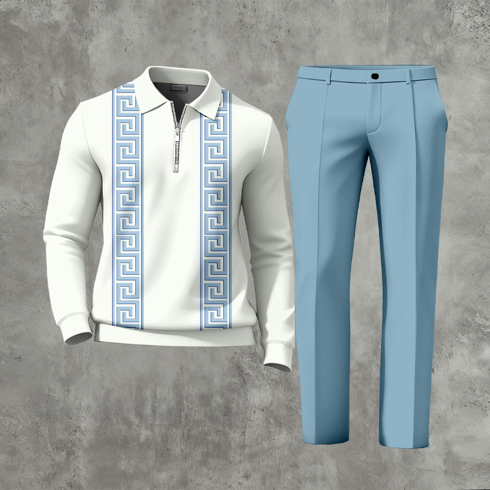 Men's Casual Blue & White Color Matching Vintage Partten Polo-Collar Zipper Long Sleeved Trousers Two-Piece Set
