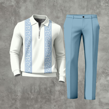 Men's Casual Blue & White Color Matching Vintage Partten Polo-Collar Zipper Long Sleeved Trousers Two-Piece Set
