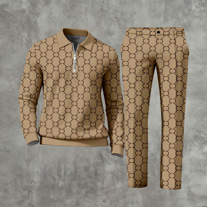 Men's Casual Tan Color Matching Vintage Pattenr Zipper Long Sleeved Polo Shirt & Trousers Two-Piece Set