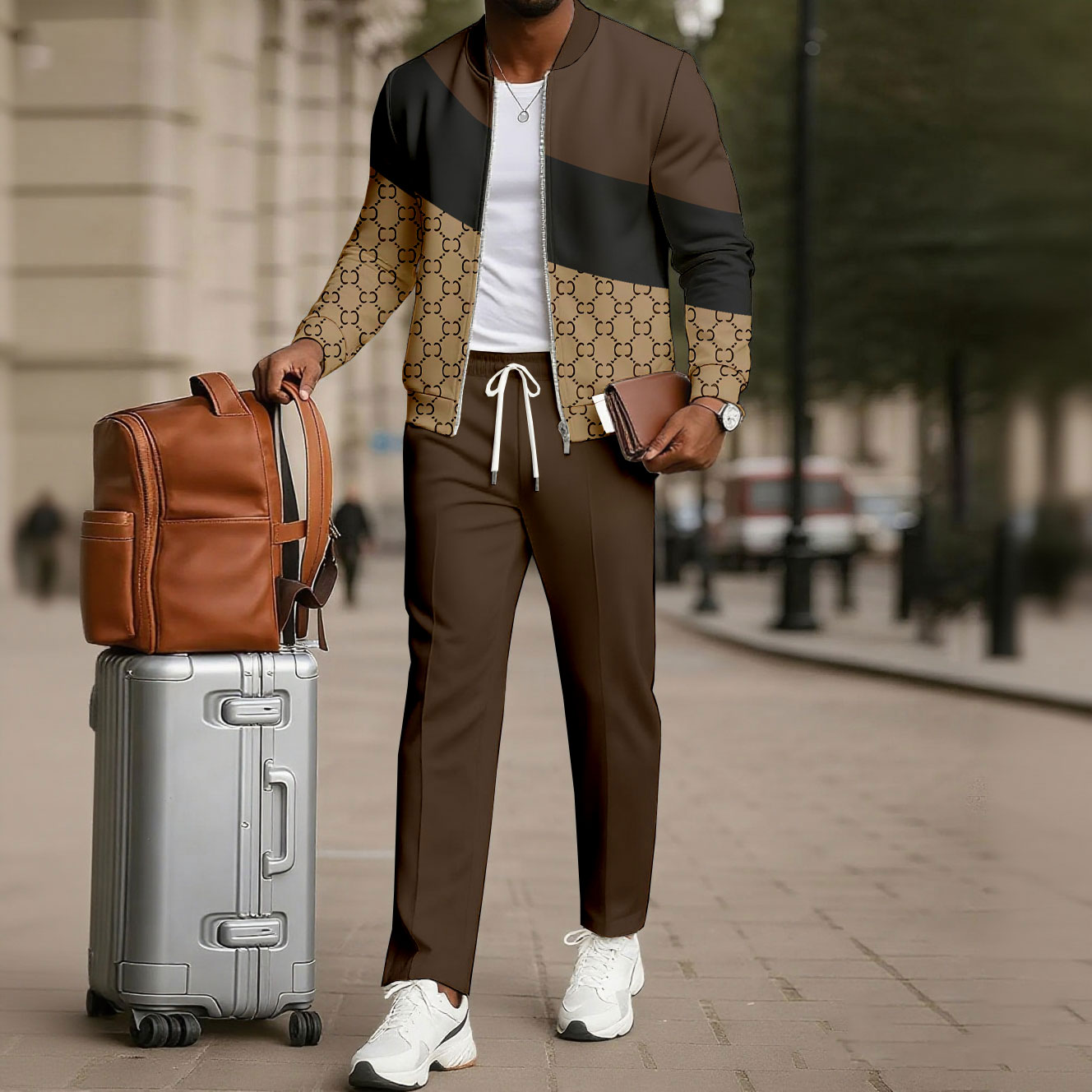 Men's Minimalist Brown & Coffee Color Matching Retro Checkered Printed Jacket Sports Jogging Set