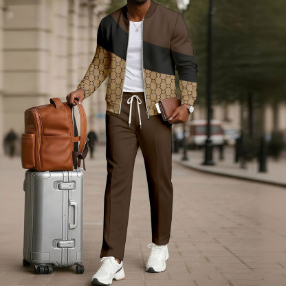 Men's Minimalist Brown & Coffee Color Matching Retro Checkered Printed Jacket Sports Jogging Set