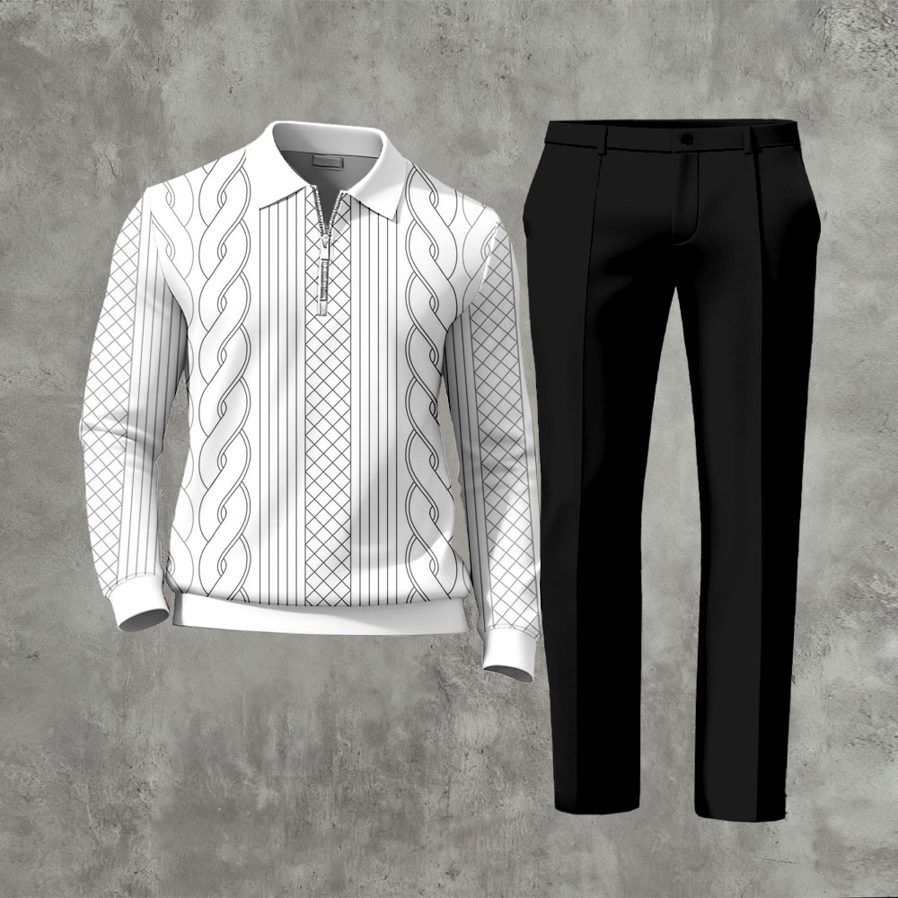 Men's Casual Black & White Simple Line Drawing Color Matching Printed Zipper Long Sleeved Polo Shirt & Trousers Two-Piece Set