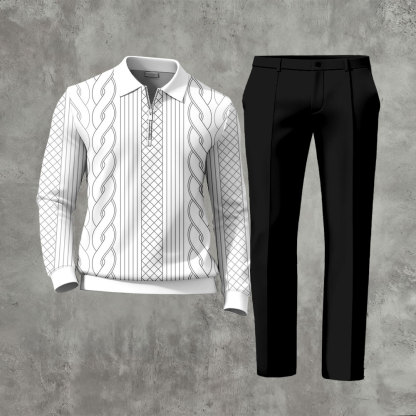 Men's Casual Black & White Simple Line Drawing Color Matching Printed Zipper Long Sleeved Polo Shirt & Trousers Two-Piece Set