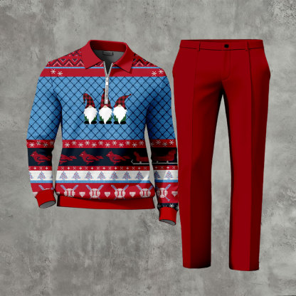 Men's Casual Red & Blue Color Matching Christmas Printed Zipper Long Sleeved Polo Shirt & Trousers Two-Piece Set